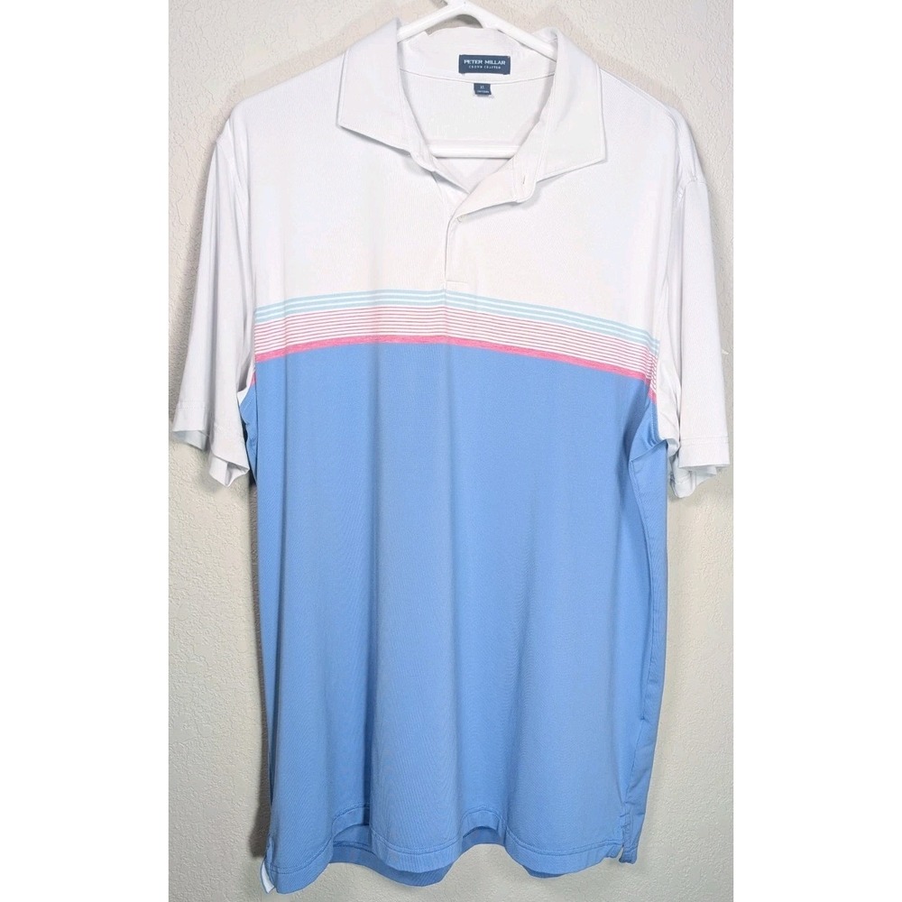 Peter Millar Crown Crafted Polo Shirt Mens XL Pink Blue Colorblock Striped Golf